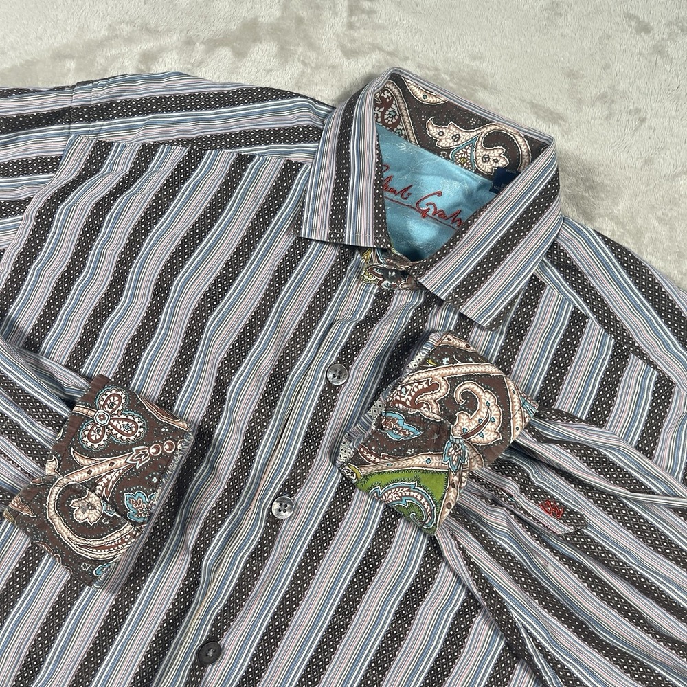 Robert Graham Flip Cuff Shirt Mens Size‎ Large Multi Color Striped Long Sleeve